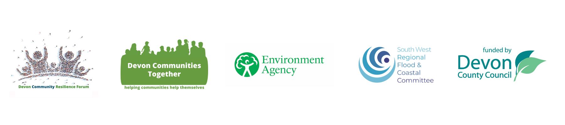 DCRF partner logos - DCT, Environment Agency, South West Regional Flood and Coastal Committee, Devon County Council