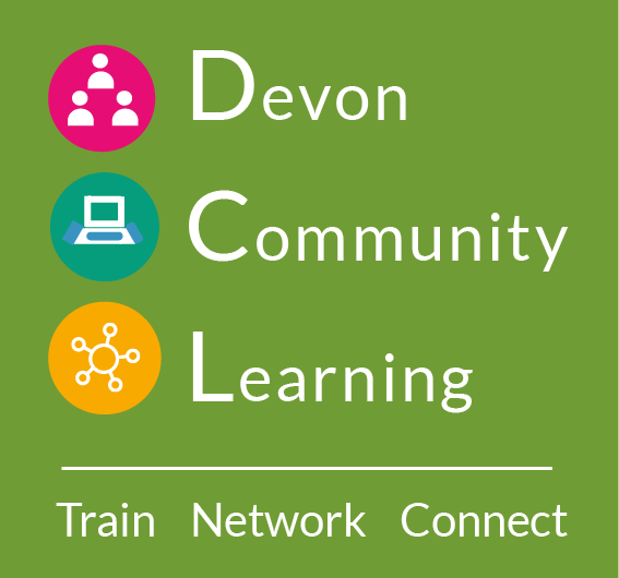 Devon community learning logo with tagline train, network, connect