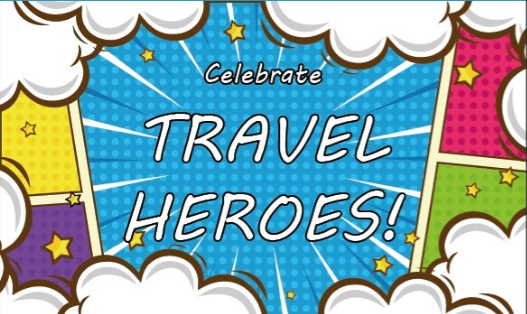 Cartoon graphic with Travel Heroes text