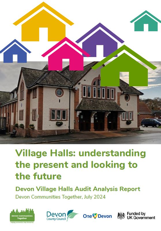 Devon Village Halls Audit front cover with village halls and colourful building icons