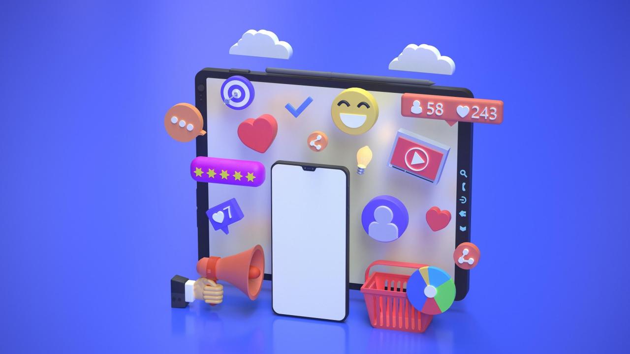 Graphic showing range of social media icons, emojis and a smart phone