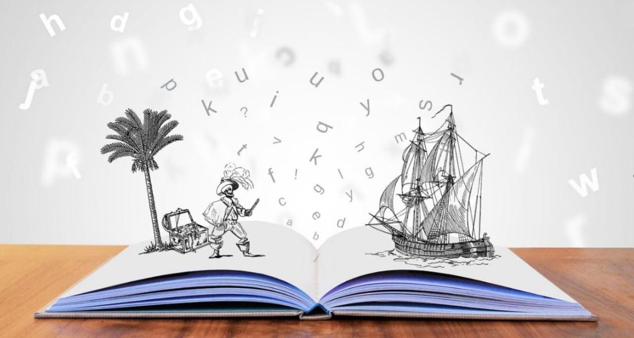 Storytelling image with open book, pirate ship and letters floating above the pages