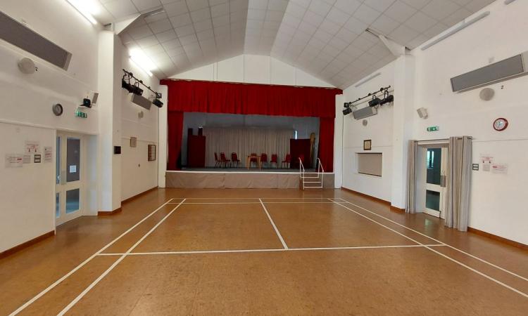 Inside the hall, showing the stage