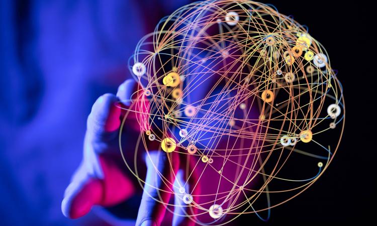 AI training, digital ball showing lines of digital communication 