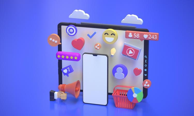 Graphic showing range of social media icons, emojis and a smart phone