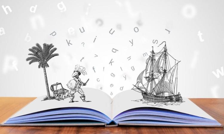 Storytelling image with open book, pirate ship and letters floating above the pages