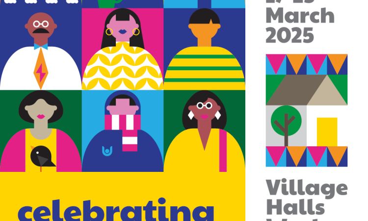 Village Halls Week graphic with bright yellow background and colourful graphics showing different types of people