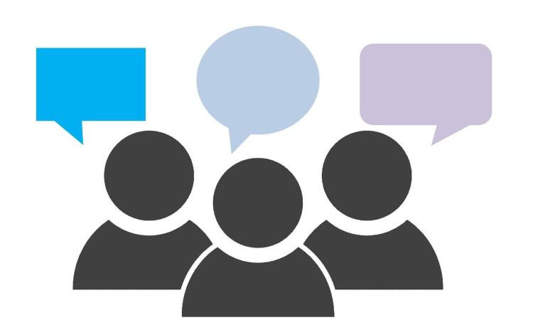 three grey figures with blank speech bubbles, indicating they are all speaking or thinking
