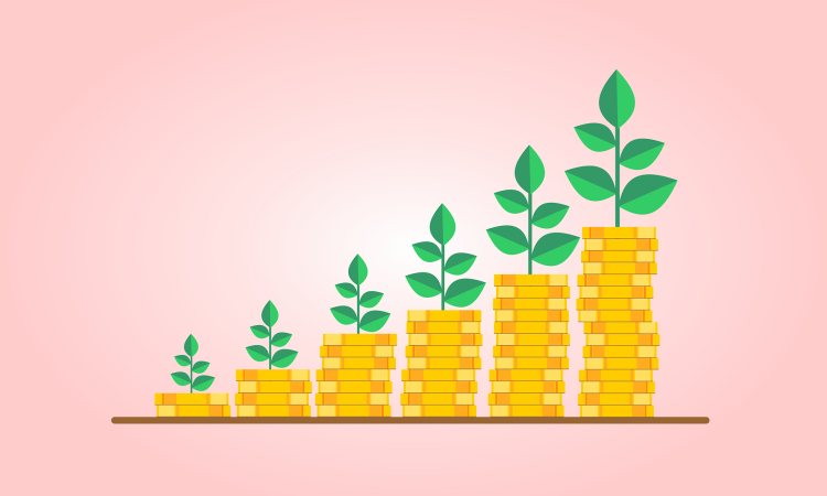 gold coins in increasing height piles with shoots growing out of the top of each pile