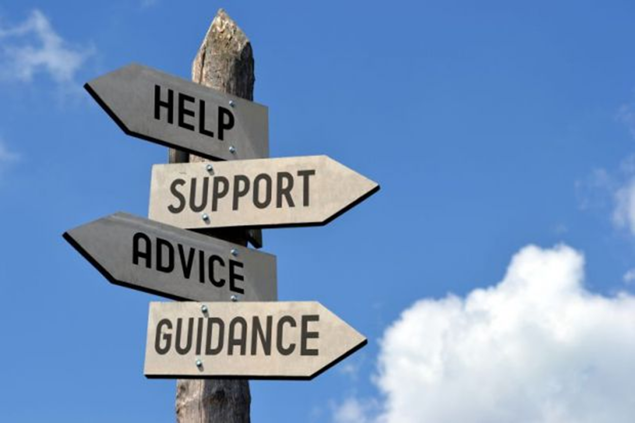 Sign Post with Help, Support, Advice and Guidance in different directions