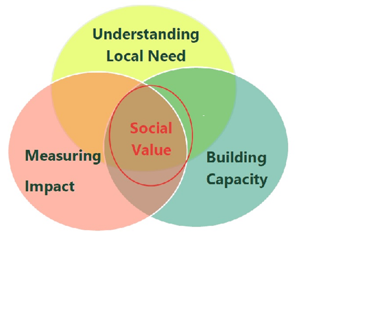 Social Value diagram with measuring impact, understanding local need and building capacity interlinked