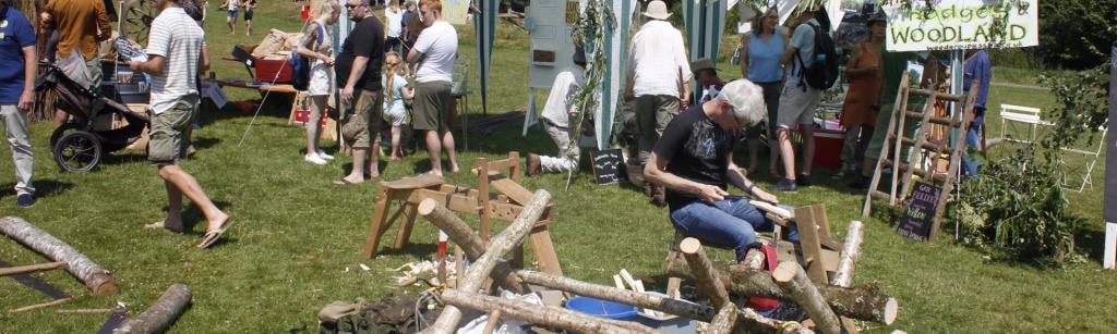 Sustainable South Brent Summer Fair including stalls and a man doing wood carving